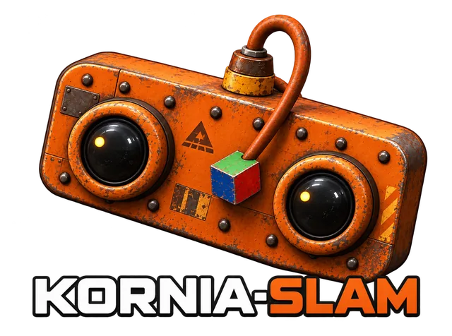 The kornia-slam mascot: a rusty orange stereo camera with two lenses and a Kornia cube