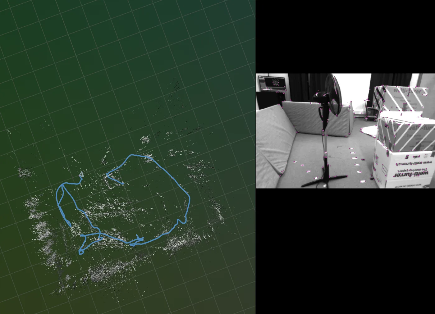 A Rerun view of a kornia-slam run on EuRoC: the estimated trajectory over a sparse point cloud, beside the camera image with its tracked ORB features